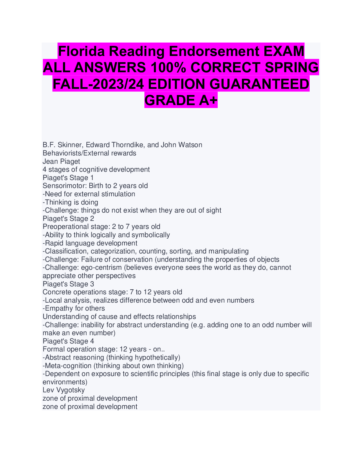Florida reading endorsement exam all answers 100 correct spring fall
